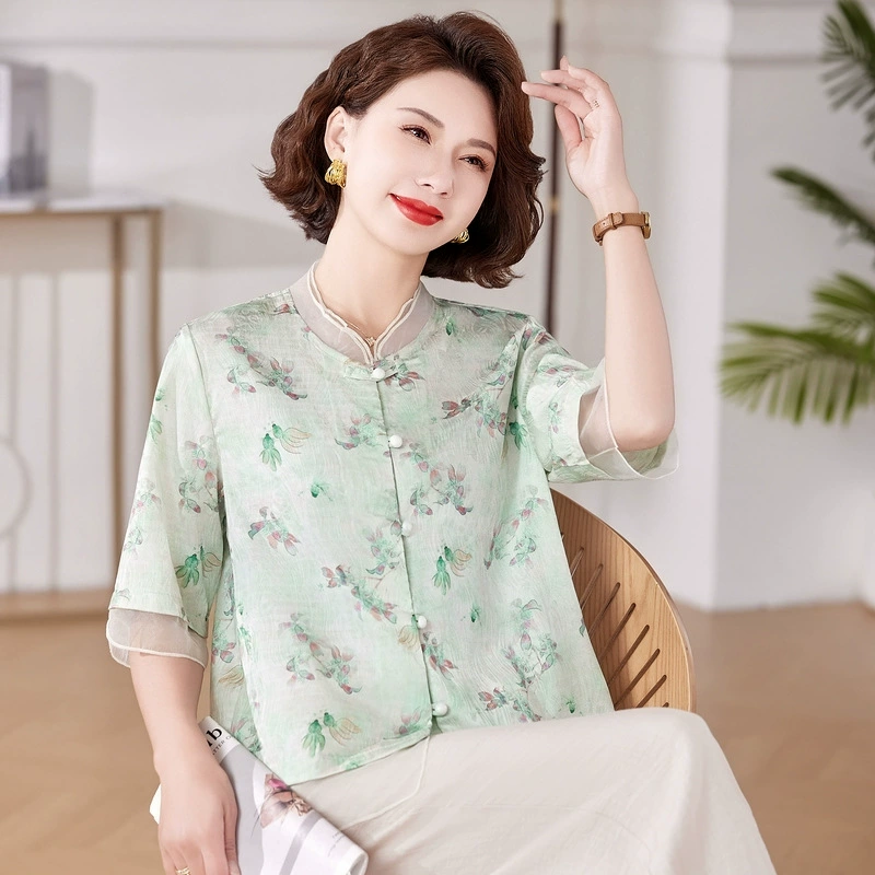 Новая летняя стильная верхняя рубашка в иностранном стиле для мамы, модный летний комплект из двух предметов в китайском стиле для среднего и пожилого возраста