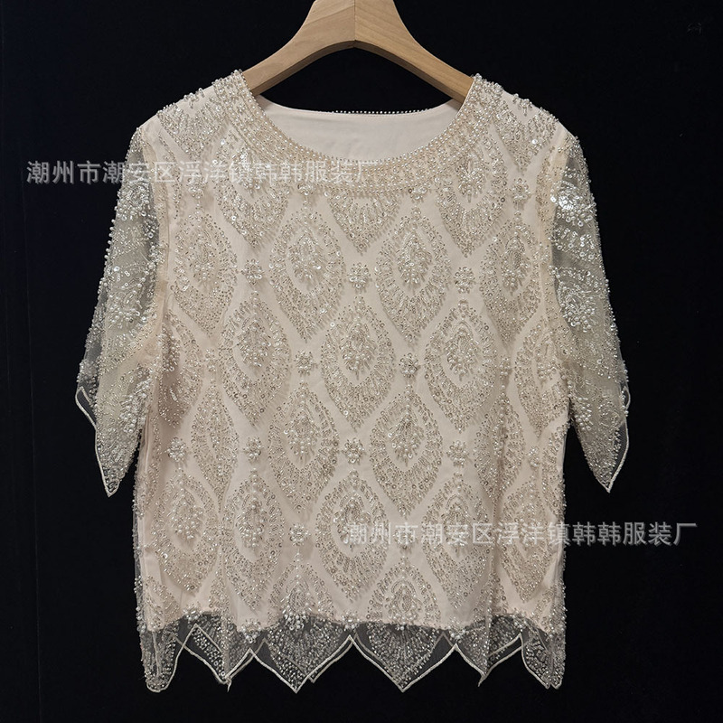 Heavy-duty, foreign trade-style, beaded and sequined, shimmering, elegant, and feminine lace top for women, short-sleeved, versatile, and slimming