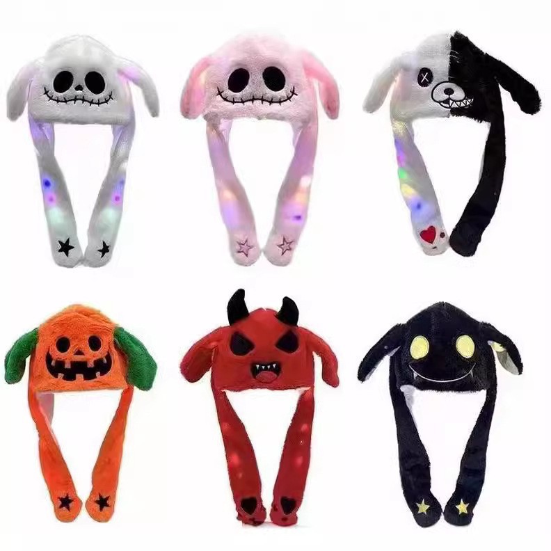Tiktok-Style Glowing Hat Halloween Pumpkin Monster Plush Hat with Glowing Ears That Move