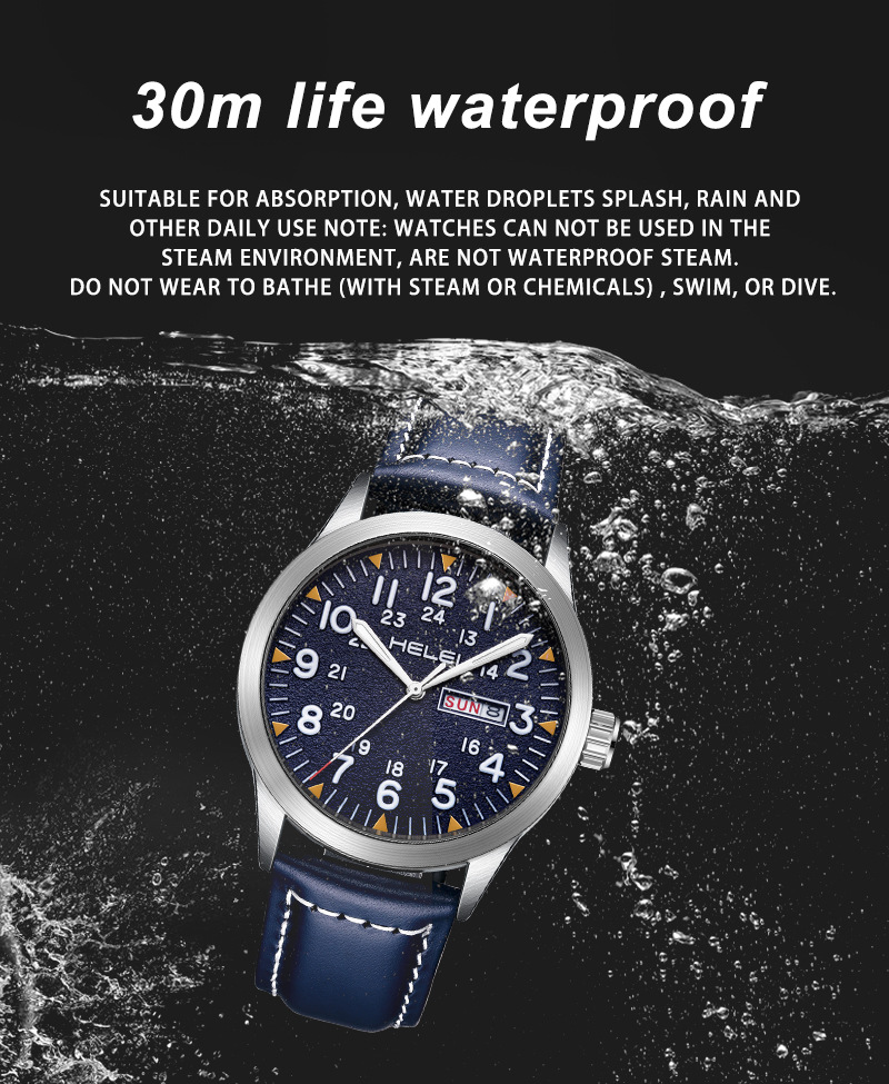 New Brand HELEI Men's Watch Genuine Leather Waterproof Luminous Wrist Watch Quartz Watch Calendar Week Display_voghion.com
