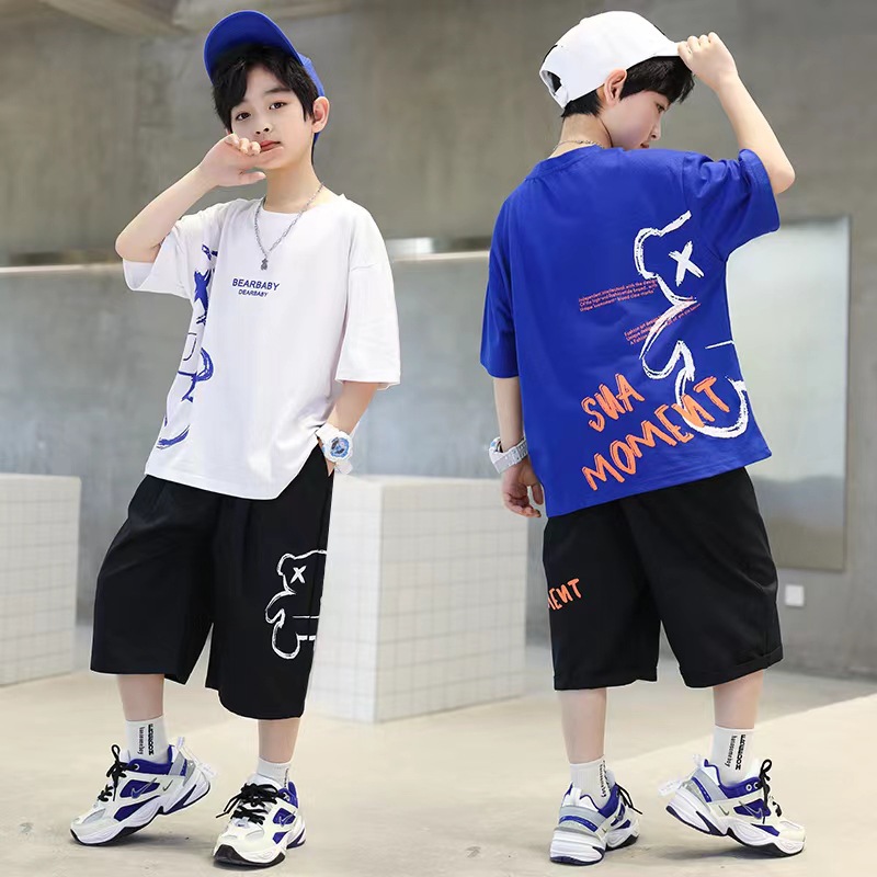 New Children's Street Style T-Shirt Set, Thin Casual Summer Short-Sleeve Top, Graffiti Print Shorts Two-Piece Set Wholesale