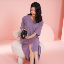 睡裙带胸垫女夏季莫代尔短袖大码孕妇薄款高级感新长款家居服睡衣