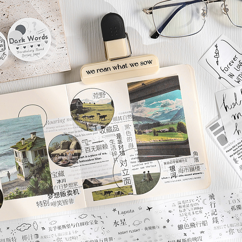 Lazos de vocabulario y rollos de cinta adhesiva diarios pegatinas paisajísticas transfronterizas de texto chino e inglés cinta adhesiva contable