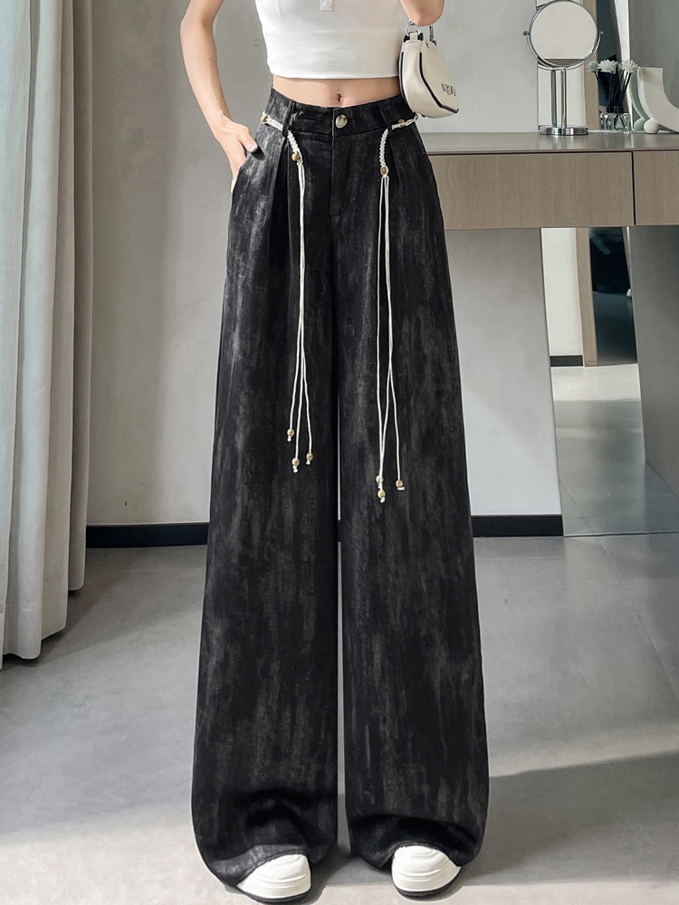 Quần culottes nữ ống rộng cạp cao chất liệu lụa mát mẻ, phong cách dáng suông dài chạm đất — Màu đen thông thường