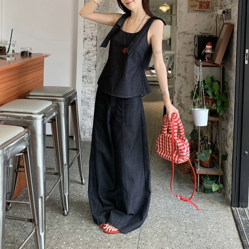 韩系新款设计感纯色绑带背心吊带上衣女夏季显瘦纯色裤长裤两件套|undefined