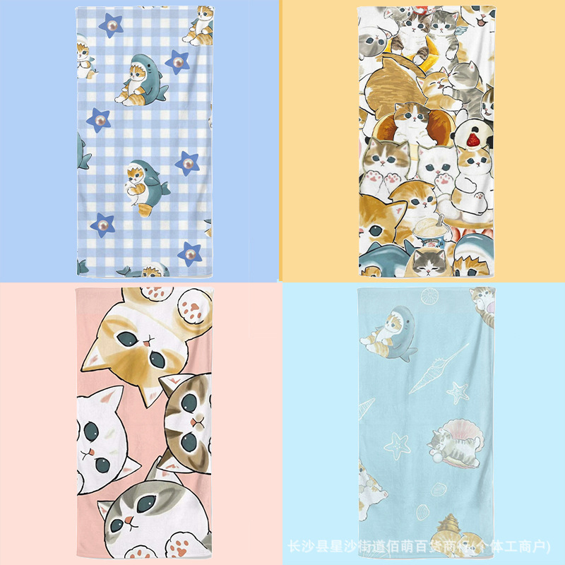 Cross-Border Shark Cat Beach Towel Microfiber Printed Towel Water-Absorbent Quick-Drying Bath Towel Sports Gym Mat Towel