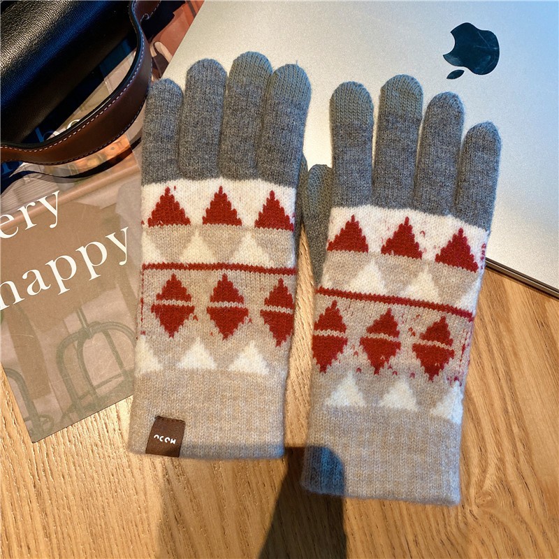 日本の衝突色の格子のタッチパネルの保温の手袋の女性の秋冬の新型のメリヤスとベルベットの車は森の女子学生に乗ります。