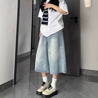 浅色直筒牛仔裤女夏新款高腰大码胖mm宽松显瘦梨型身材阔腿七分裤
