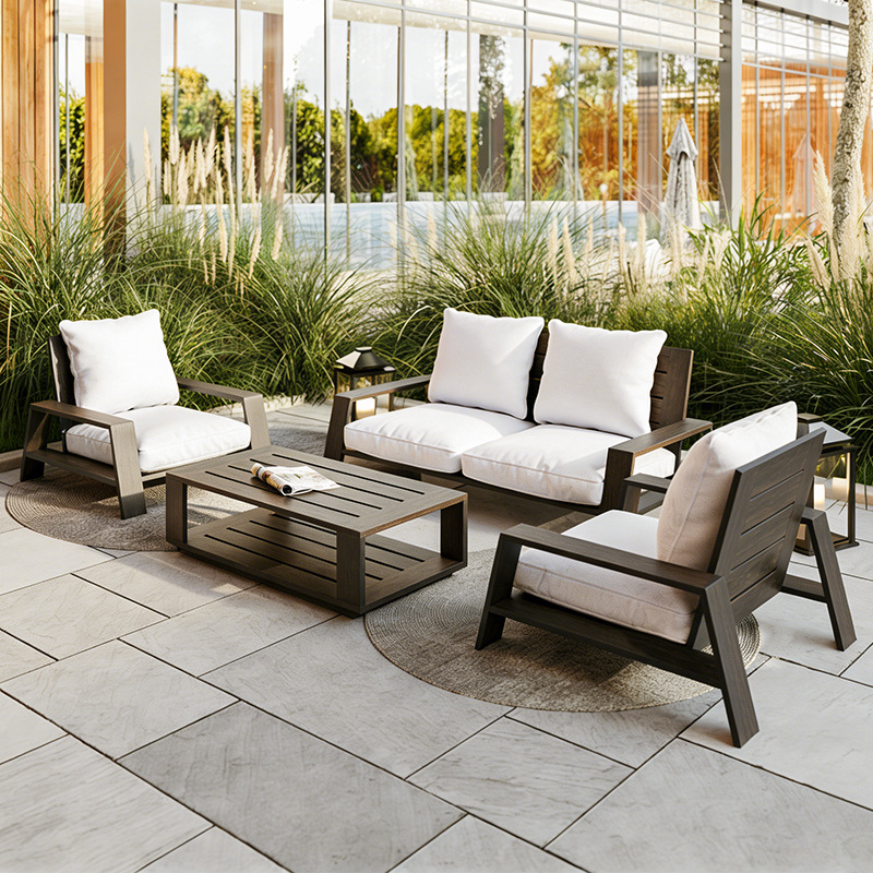 Sofá de teca de alta gama al aire libre combinación de mesa de té patio al aire libre hotel de ocio muebles impermeables y protectores solares