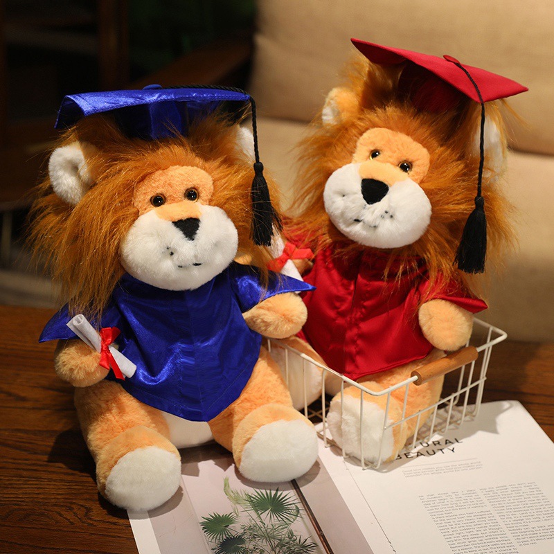 Uniforme de dibujos animados de león pequeño muñeca de peluche doctor muñeca logotipo impresa logotipo regalo de temporada de graduación de licenciatura