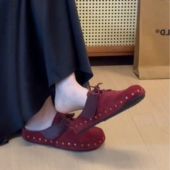 牛皮版~铆钉包头半拖鞋女外穿2025新款博肯鞋系带一脚蹬穆勒鞋子