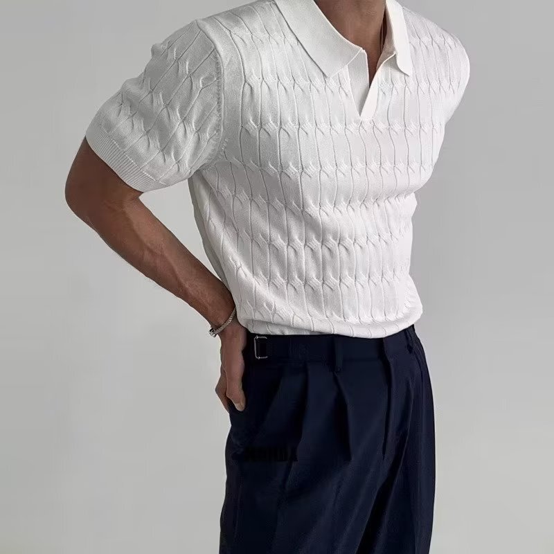 Summer Short-Sleeved T-Shirt Sexy V Neck Knitted Men's Polo Shirt Elastic Slim Lapel Trendyy Business Knitted Short-Sleeved