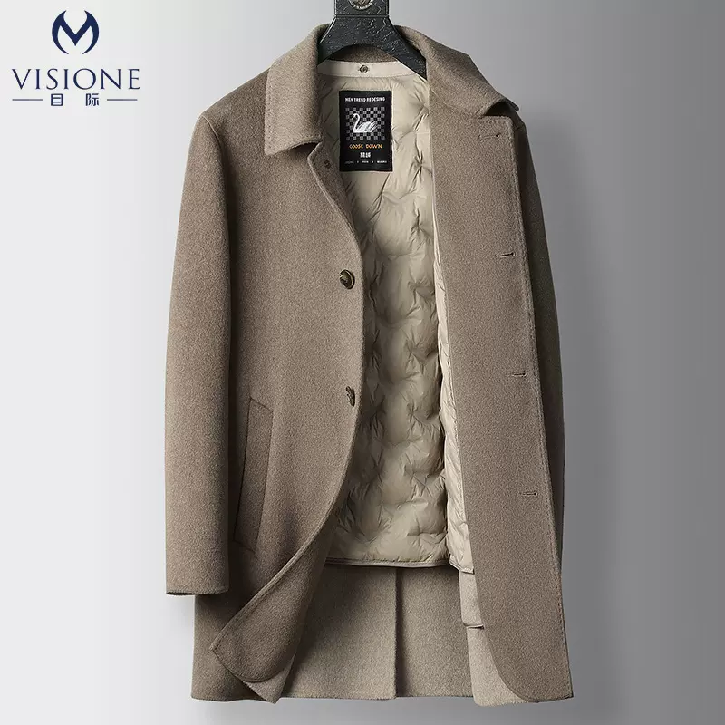轻奢100%纯羊毛男士双面呢大衣中长款可拆卸鹅绒内胆中青年外套男