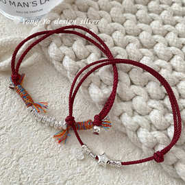 纯银S925盘缠红绳手链气质韩风红绳福星叠戴高级设计感手链代发
