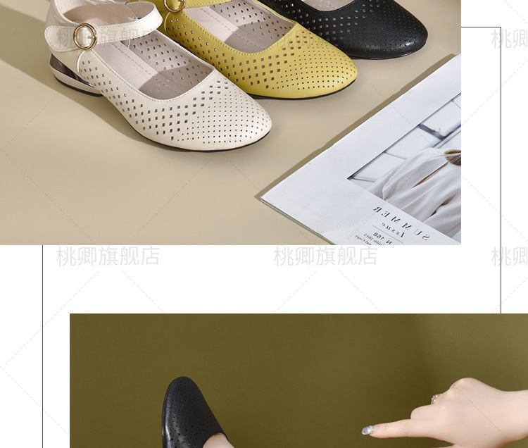 Giày sandal nữ đế xuồng mùa hè da thật thoáng khí mũi tròn bít mũi khoét lỗ — Màu đen chi tiết 20