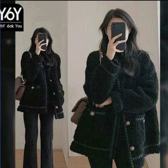 Черная овечья шерсть куртка женский 2023 осень-зима новый бархат утолщение и небольшой аромат
