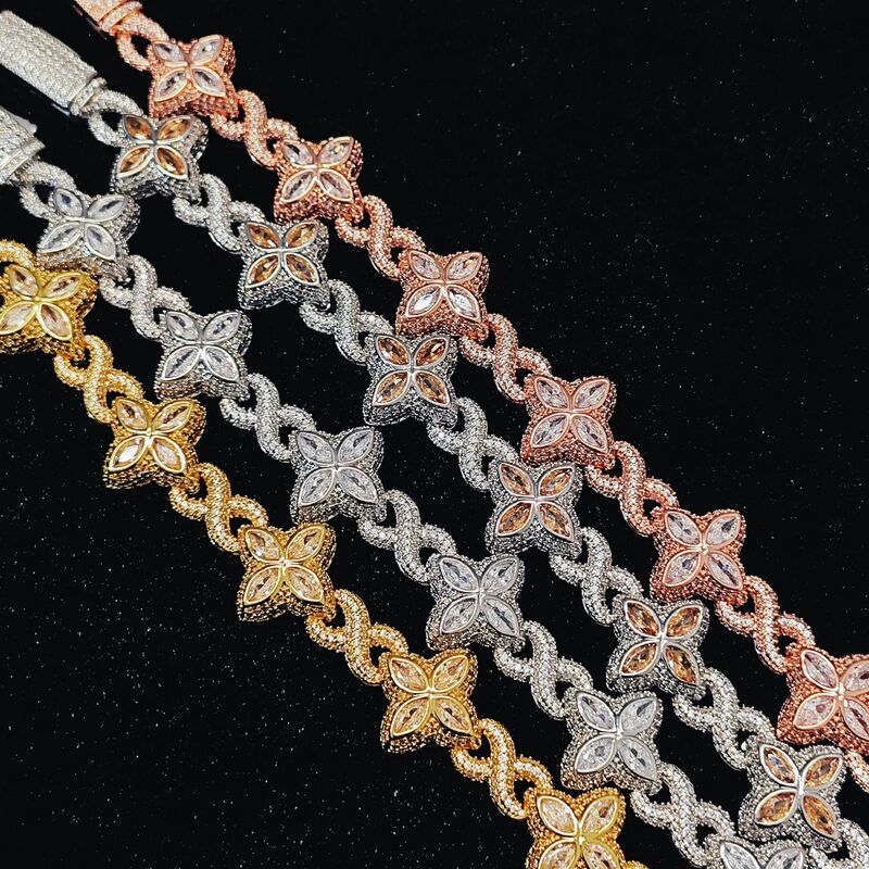Cross-Border Hip-Hop Rap Chain Infinite Four-Leaf Clover Bracelet Fashionable Cool Handsome 5A Zircon Color Necklace Jewelry Cross-Border Hip-Hop Rap Chain Infinite Four-Leaf Clover Bracelet Fashionable Cool Handsome 5A Zircon Color Necklace Jewelry
