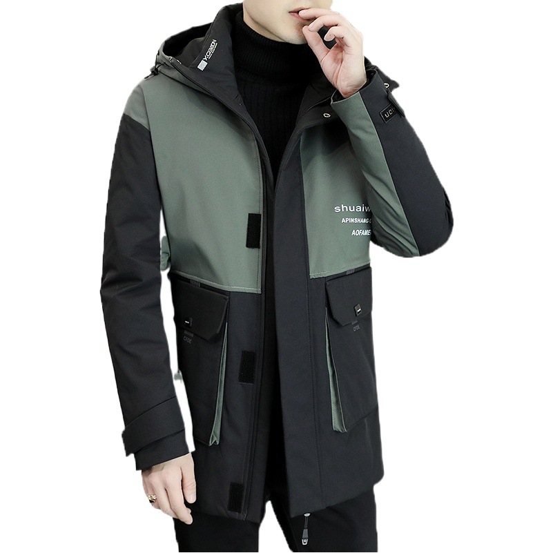 Abrigo juvenil de los hombres con capucha de longitud media más el tamaño de los hombres guapos chaqueta acolchada de algodón de invierno chaqueta acolchada de moda costura de moda engrosada