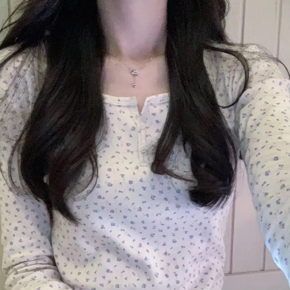 Autumn and Winter Maillard Floral Bm Long-sleeved Base Shirt Women's Crewneck Button T-shirt Women's New All-match Slim Inner Top