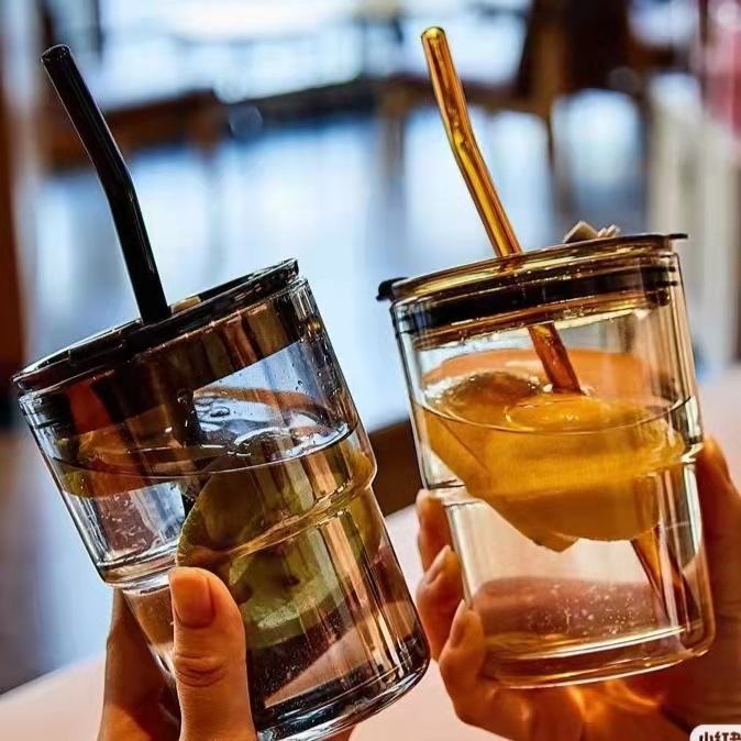 竹節吸管玻璃杯家用 復古PU加厚杯套咖啡杯 飲料杯隔熱水杯禮品