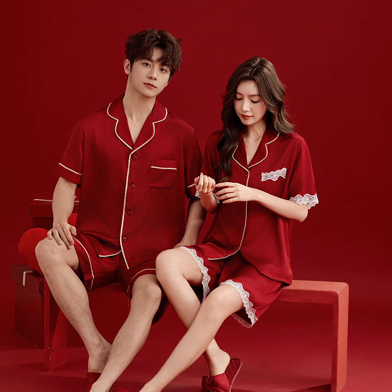 Couple Pajamas Wedding High-end Wedding Summer Short-sleeved Ice Silk Red Silk Wedding Accompanying suit for Men and Women