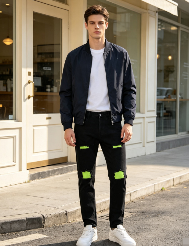 Jeans Rasgados Elásticos para Hombre en Mezclilla de Algodón, Corte Ajustado, Bloques de Color, para Uso Casual