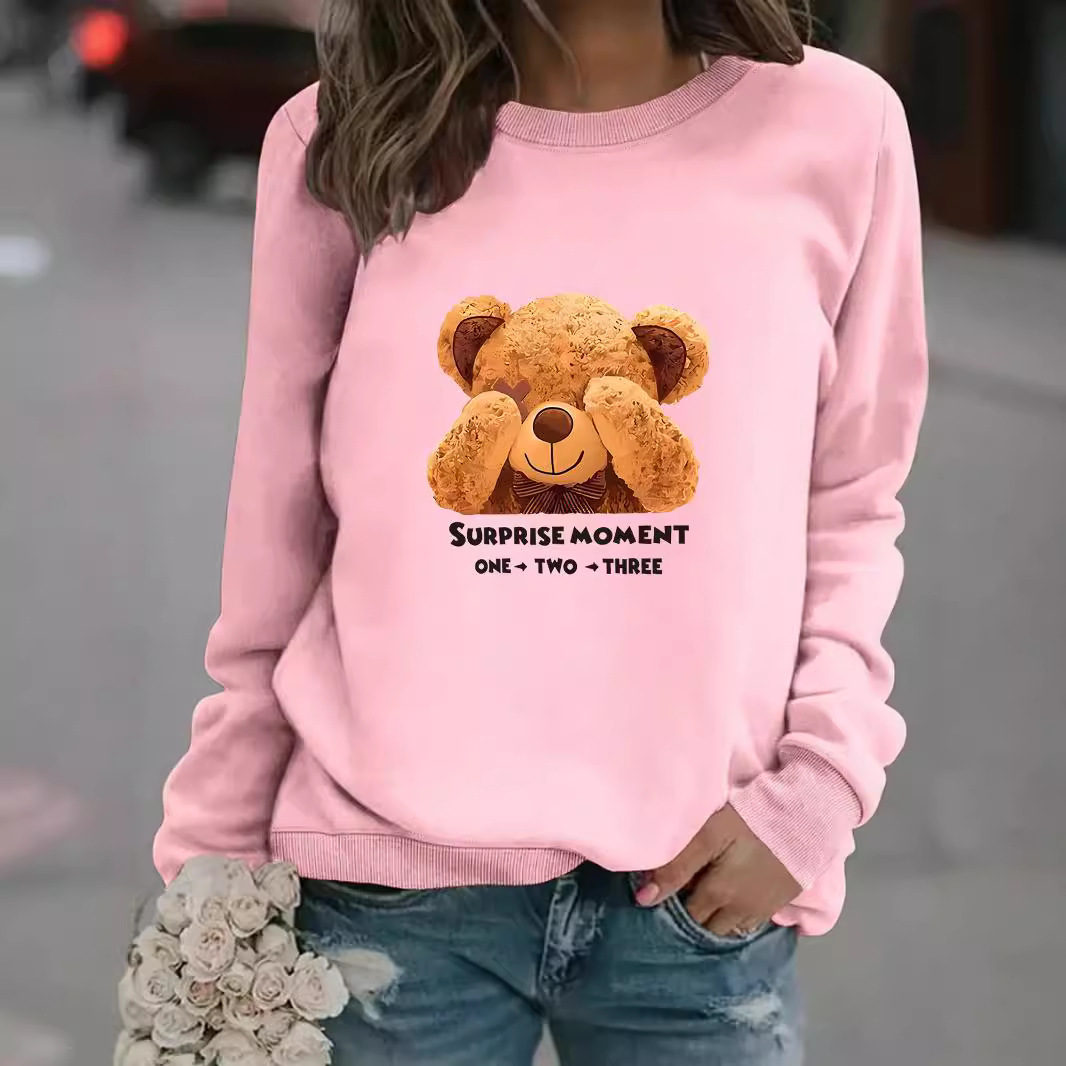 Damenbekleidung Herbst und Winter Damen lässig Langarm Rundhals Pullover mit Cartoon-Bären-Print_voghion.com