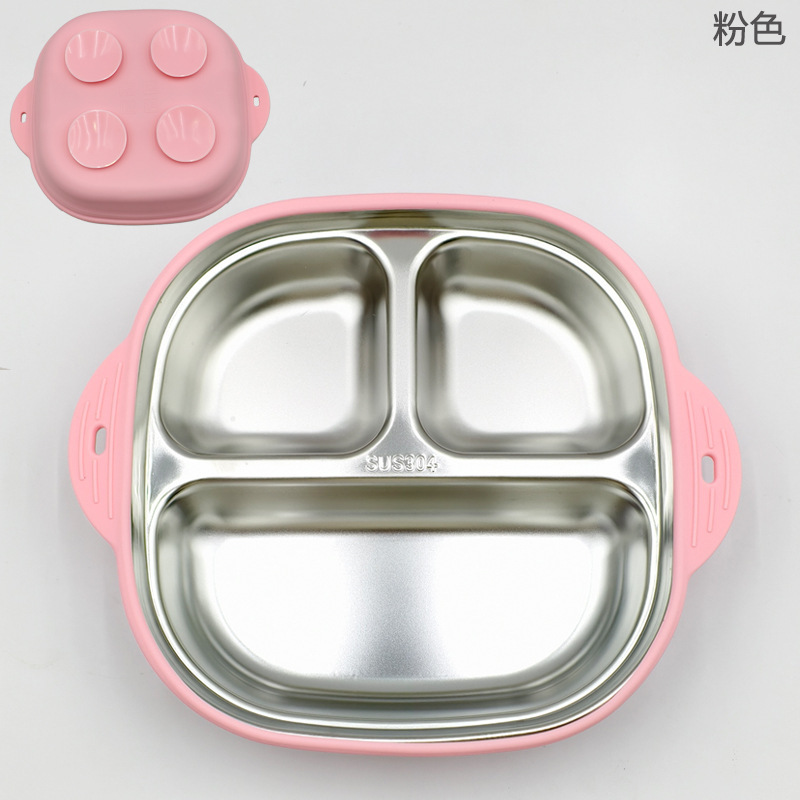 亚马逊不锈钢儿童餐盘带吸盘母婴餐具可拆卸吸盘碗宝宝304分格盘|undefined