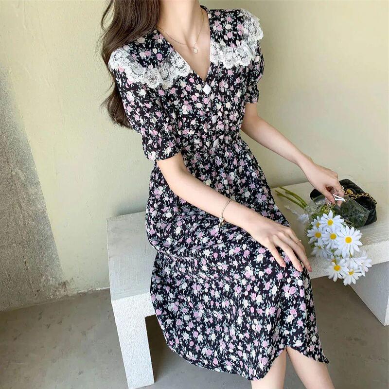 Summer Vintage Mori Style Lace Stitching Doll Collar Chiffon Floral Dress Mid-length Tight Waist Belly Covering Dress for Women