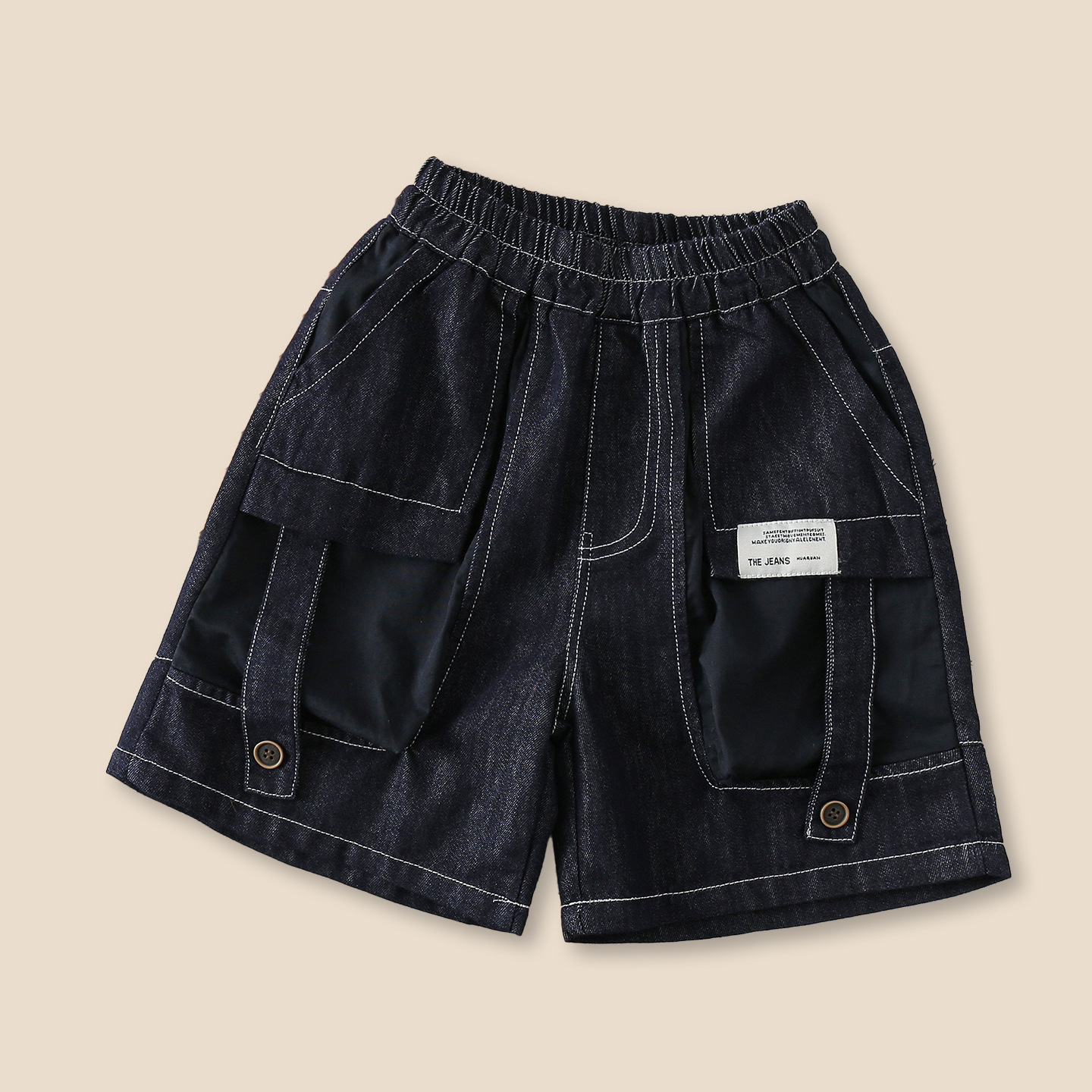 Boys' summer denim shorts, 2026 new style, loose fit, casual pants, children's cargo pants with visible stitching.