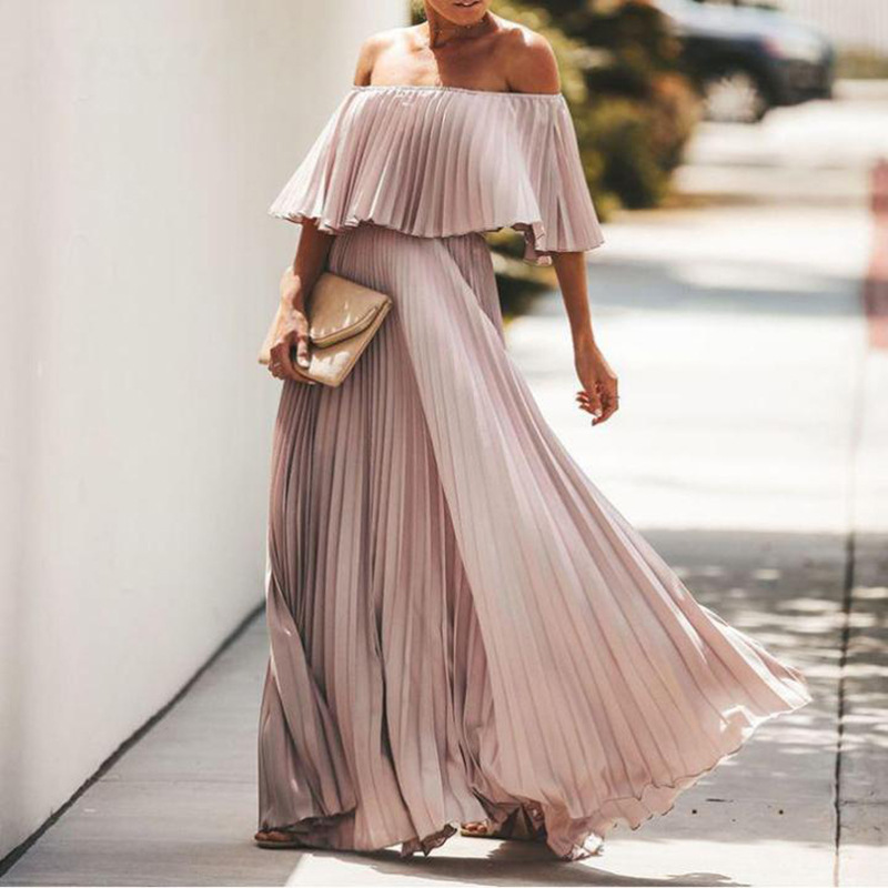 Cross-Border Aliexpress One-Line Collar Tube Top Blue Pleated Elastic Waist Vacation Seaside Beach Dress Women's Dress