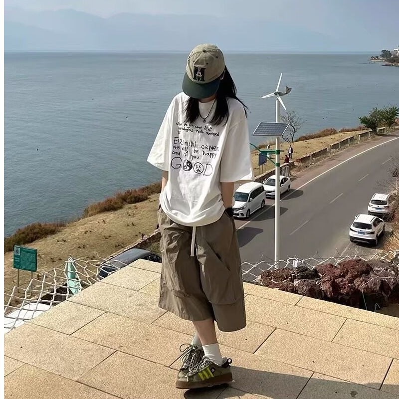 Men's Loose Plus Size Casual Pants Summer Thin Cargo Pants Beach Shorts Men's Outdoor Drawstring Seven-Point Cargo Pants