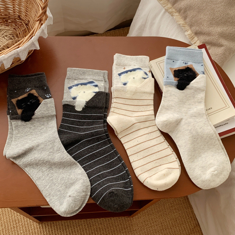 New original autumn and winter women's socks with simple design, double ribbed cuff, quilt cat seamless socks, trendy high-tube socks New original autumn and winter women's socks with simple design, double ribbed cuff, quilt cat seamless socks, trendy high-tube socks