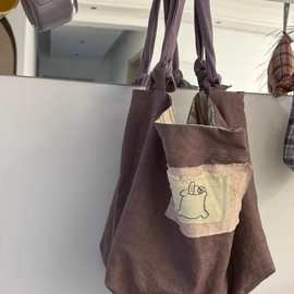 韩系复古慵懒感帆布包2026新款绛紫色休闲百搭托特包单肩手提包女