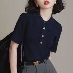 POLO领冰丝针织衫短袖女夏薄款显瘦气质口袋百搭半开襟T恤A5363