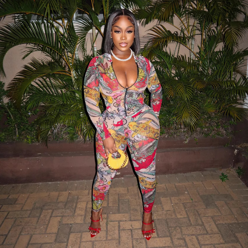 亚马逊跨境欧美2025新款女装时尚印花拉链连帽上衣+长裤两件套装