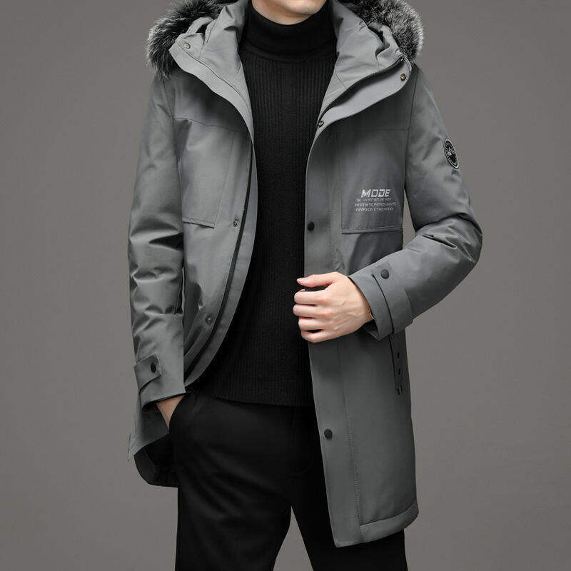 Una pieza de entrega de los hombres abajo chaqueta caliente a prueba de viento de conejo Rex Cuello de piel de media longitud de papá abajo chaqueta de los hombres abrigo