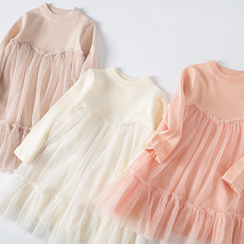 2024 primavera ropa para niños Comercio exterior niñas Vestido de manga larga rosa en stock princesa vestido estilo coreano color sólido falda de malla