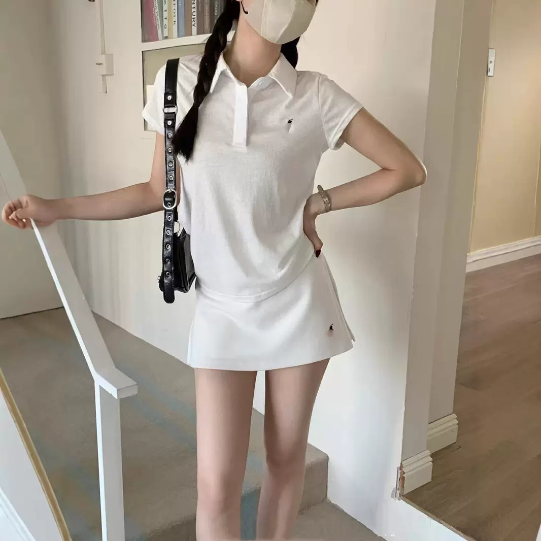 RL拉夫女小马标刺绣短裙套装韩系POLO衫短袖上衣+低腰短裙两件套