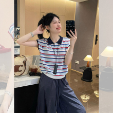 撞色条纹针织冰丝短袖polo衫T恤女夏季别致独特漂亮短款翻领上衣
