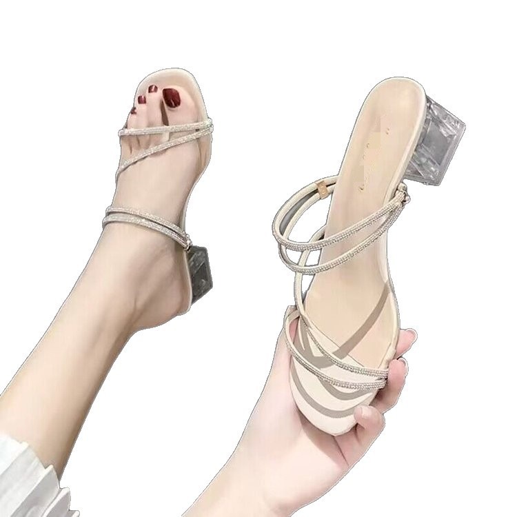 Zapatillas frías de tacón grueso francesas para mujeres de verano 2026 nuevo estilo de hadas con falda de tacones altos, sandalias de diamante excelentes image 5