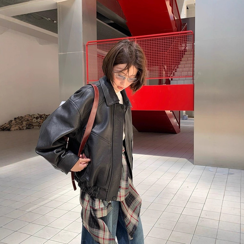 【Ys*L】Retro Old Money Style 2025 New Bubble Pattern First Layer Goatskin Genuine Leather Jacket Leather Jacket for Women