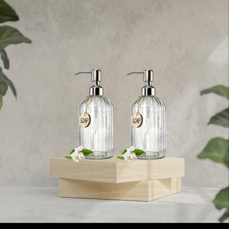 厂家批发420MIl玻璃瓶洗发水按压式瓶子彩色透明玻璃竖条洗手液瓶