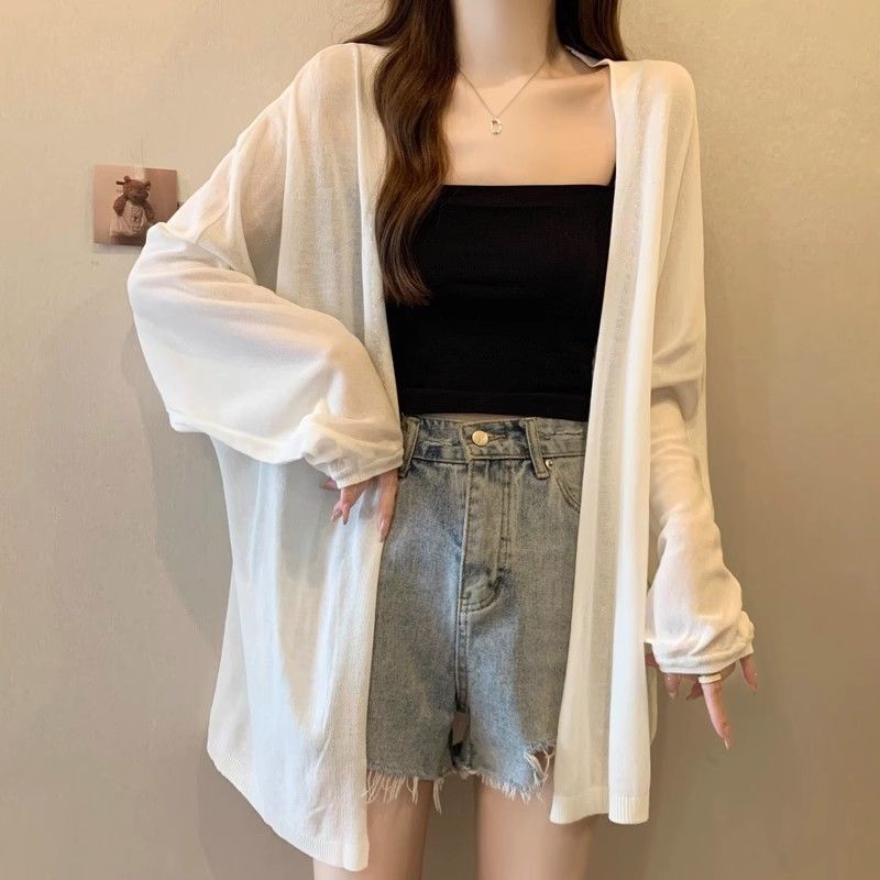 2026 French-Style Mid-Length Ice Silk Knit Cardigan for Women, Summer Thin Plus-Size Long-Sleeve Jacket Versatile Top