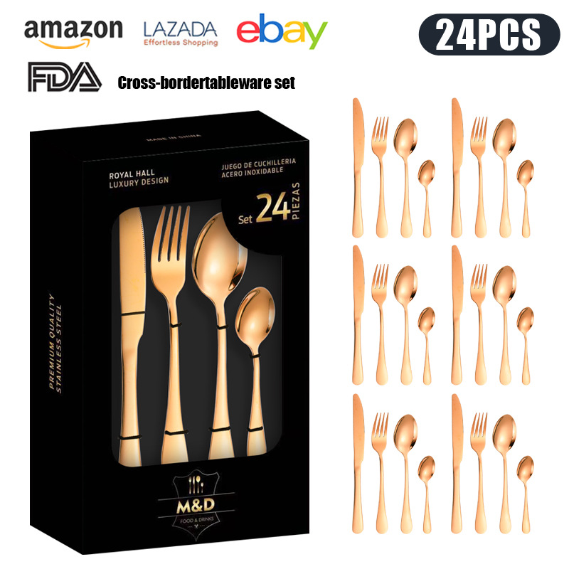 Venta caliente transfronteriza cuchillo de acero inoxidable, tenedor y cuchara traje de vajilla Caja de regalo de 24 piezas 1010 comida occidental cuchillo y tenedor de cuchara chapados en oro