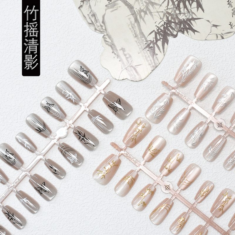 Short Ladder Style Wearable Nails with Artistic Chinese Style Bamboo Glass Beads, Cat Eye, Clear Nude Color Butterfly, and Size-Coded Nail Pieces