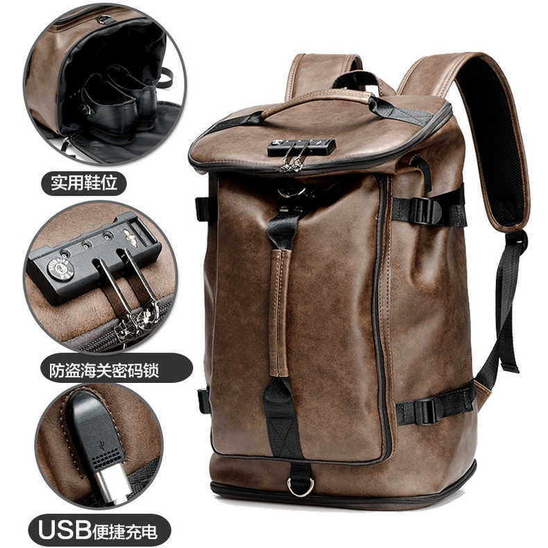 Large Capacity Backpack Men's Multi-Functional Portable Travel Bag Trendy Brand Lightweight Leather Outdoor Bucket Backpack Shoes