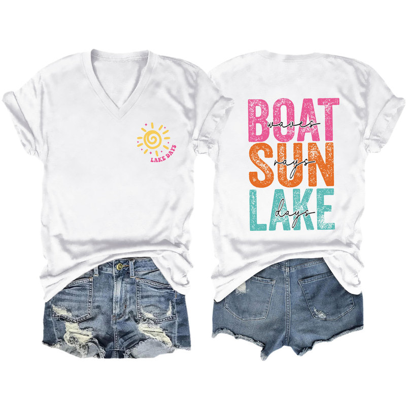 2025 Cross-Border Amazon New Women's V-Neck T-Shirt Boat and Sun Letter Print Women's Trendyy Versatile Tops