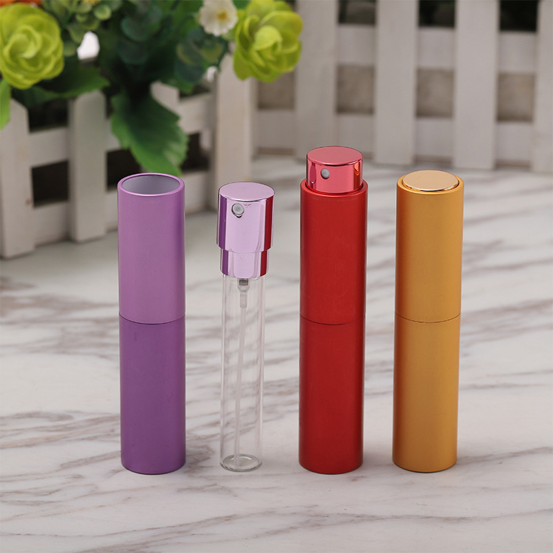10ml portátil giratoria de dos secciones retráctil perfume sub-botella vacía botella impresa logotipo botella de aerosol muestra botella de vidrio