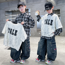 男童中大童秋装三件套2025新款青少年春秋装真两件上衣T+牛仔长裤